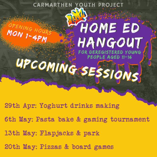 Home Ed Hangout is back from Monday 29th April! Here is our schedule up until May half term. Please share this post with anyone who might be interested in coming along. All young people between 11 and 16 who are officially home-educated. looking forwarf to seeing everyone there.