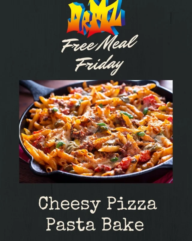 Join us for free cheesy pizza pasta bake tonight.