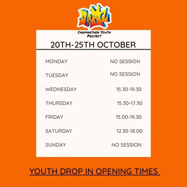 Here are our Youth Drop In opening times for next week. 
Please note we are closing early on Thursday for our AGM meeting.