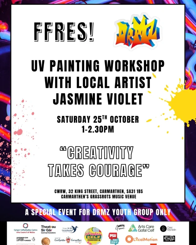 This Saturday, we have been invited to take part in an exciting art workshop with local artist Jasmine Violet. 
We will be meeting at Dr Mz at 12.30 and walking there. Let us know if you would like to come along. 
Anyone taking part needs to wear old clothes that they don't mind getting paint on. 
Dr Mz will be open from 3-6.