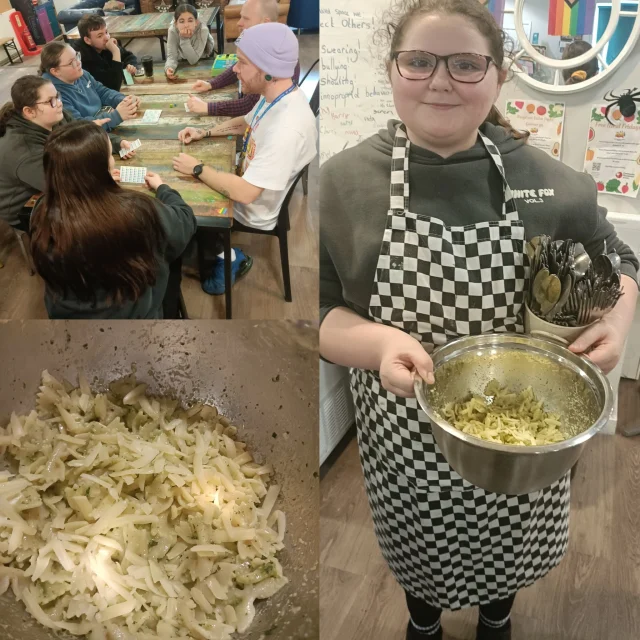 Yesterday we enjoyed playing some new board games and painting positivity rocks to be placed around Carmarthen next week to make the community smile. We also experimented with making some healthy options for our menu starting with homemade pesto and pasta with cheese. Everyone voted yes! ☑️