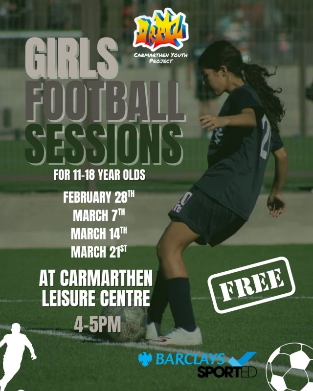 🌟 Free Football Sessions for Girls 🌟

We’re excited to launch a four week program of free, football sessions for girls aged 11–25 designed to help those who may not usually get the chance or feel confident to play,have fun, learn new skills, build confidence and make new friends! ⚽💪

Led by female football coach Vicky Day, these sessions are all about creating a safe, welcoming space where you can try football, feel supported, and grow both on and off the pitch. 
 The session will be taking place at Carmarthen leisure centre and are open to all abilities. 
Come along, get active, and bring your friends! 🎉

Free snacks and refreshments for all participants. 

There will be a mini bus provided from Dr Mz with limited spaces so get in touch to book your space. We will be meeting in the foyer of the leisure centre at 3.45pm 

The first course dates are as follows: 
February 28th 4-5pm 
March 7th 4-5pm 
March 14th 4-5pm 
March 21st 4-5pm