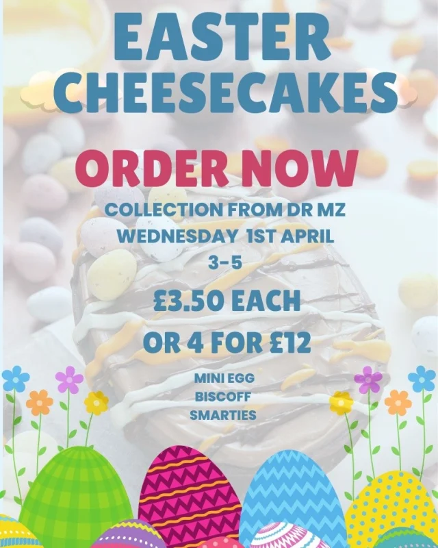 🍫Exciting news. 

We will be making Easter Cheesecakes to order. 

Cheesecakes come in three delicious flavours: 
🐣Smarties 
🐇Mini Egg 
🐰Biscoff 

Collection will be from Dr Mz from 3-5 on Wednesday 1st April. 

Send us a message to place your orders.